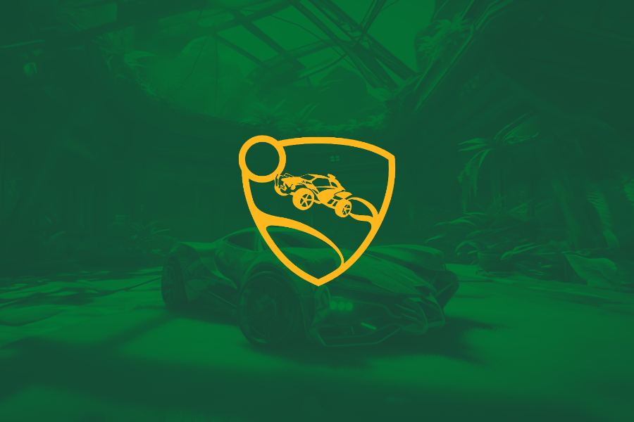 Rocket League logo with a car and ball over an in-game field background.