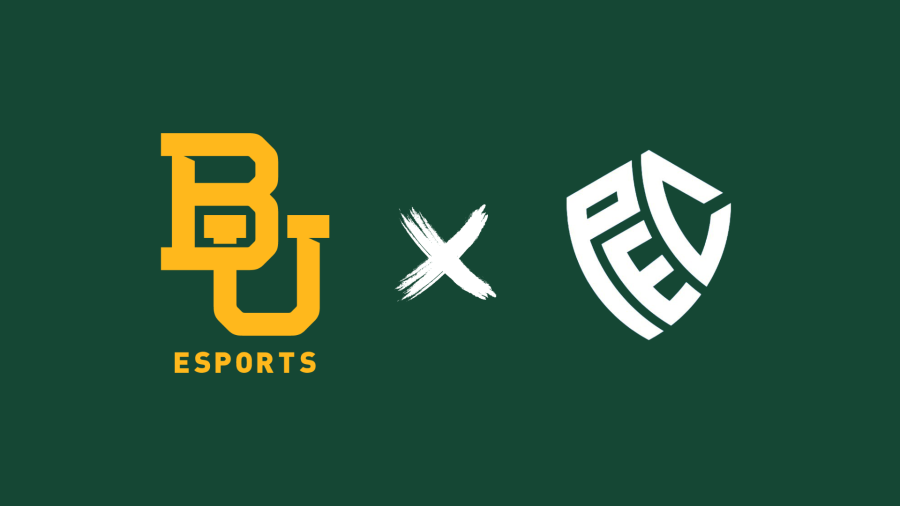 Green background with gold BU esports logo and the Power Esports Conference logo
